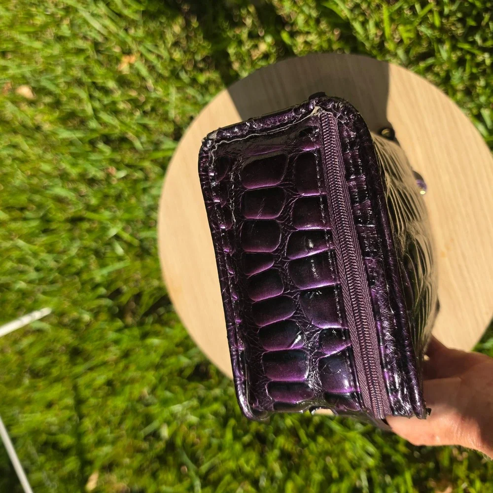Stephanie Johnson Purple Croc Embossed Cosmetic Case Neon Yellow Interior Travel
